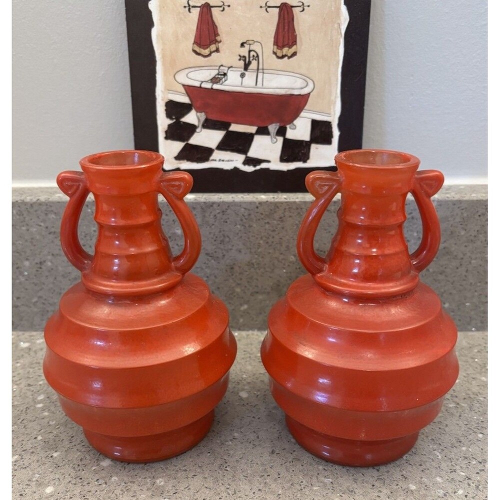 Pair Of Vintage Glass Jugs Urn Style Ribbed Globular Vases Red 6” Tall